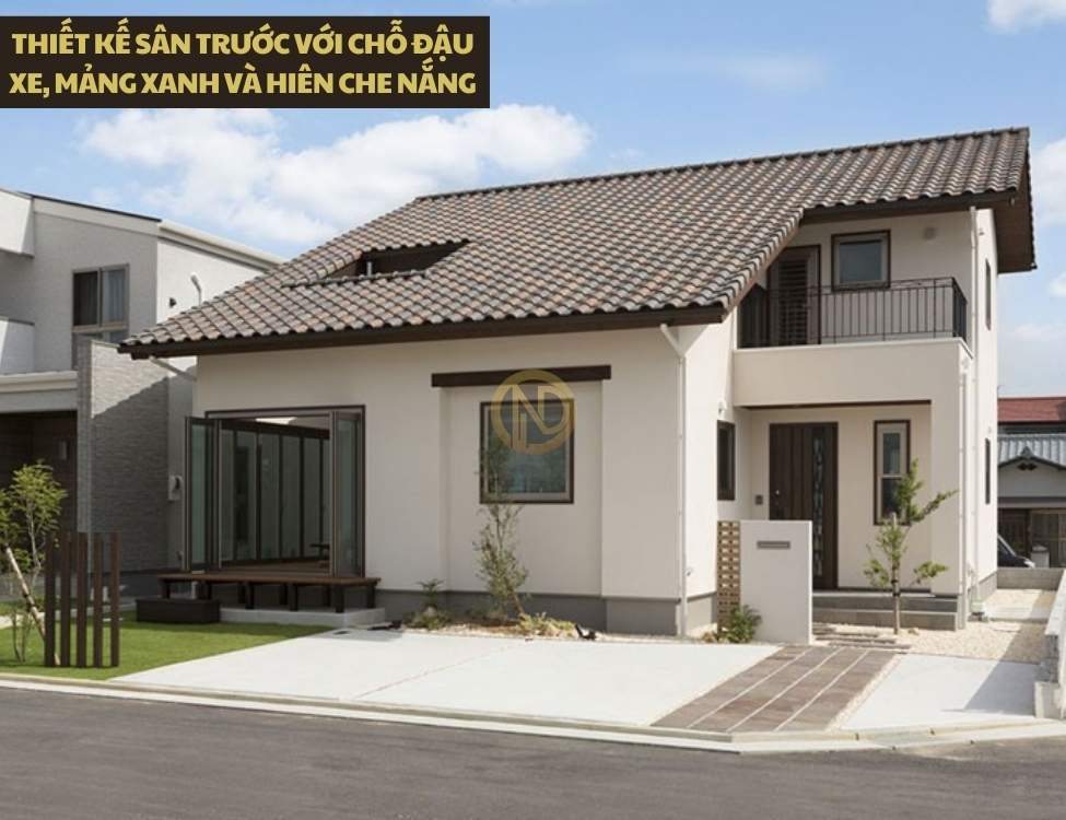 Thiết kế sân trước với chỗ đậu xe, mảng xanh và hiên che nắng