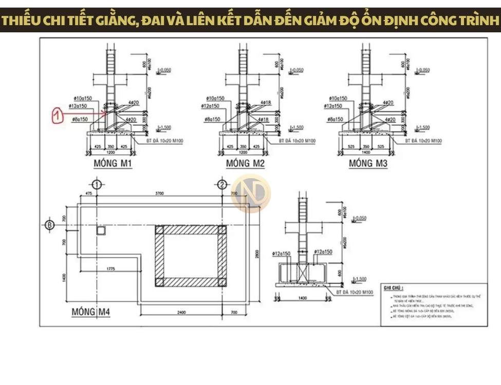 Thiếu chi tiết giằng, đai và liên kết dẫn đến giảm độ ổn định công trình