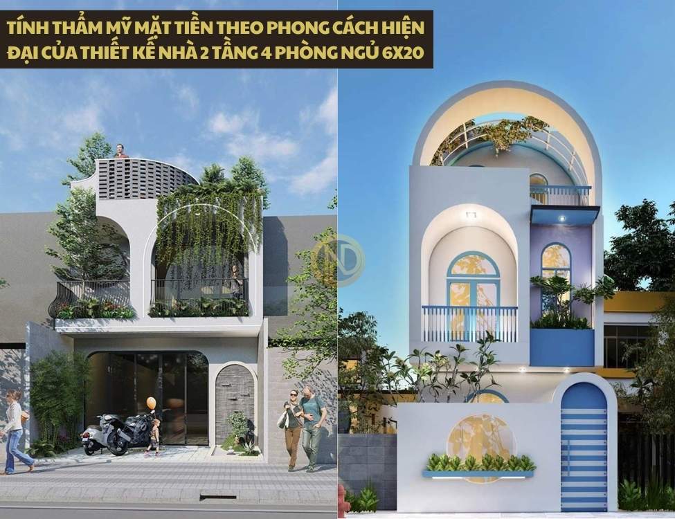 Tính thẩm mỹ mặt tiền theo phong cách hiện đại của thiết kế nhà 2 tầng 4 phòng ngủ 6x20