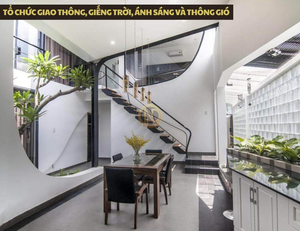 Tổ chức giao thông, giếng trời, ánh sáng và thông gió trong nhà 5x20 2 tầng 3 phòng ngủ