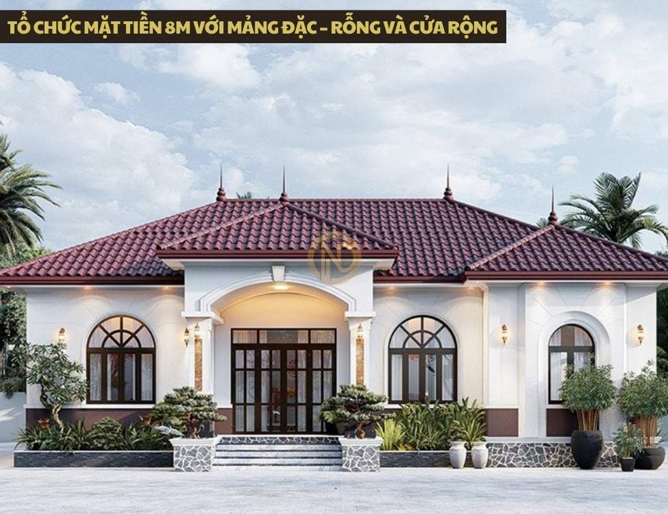 Tổ chức mặt tiền 8m với mảng đặc – rỗng và cửa rộng