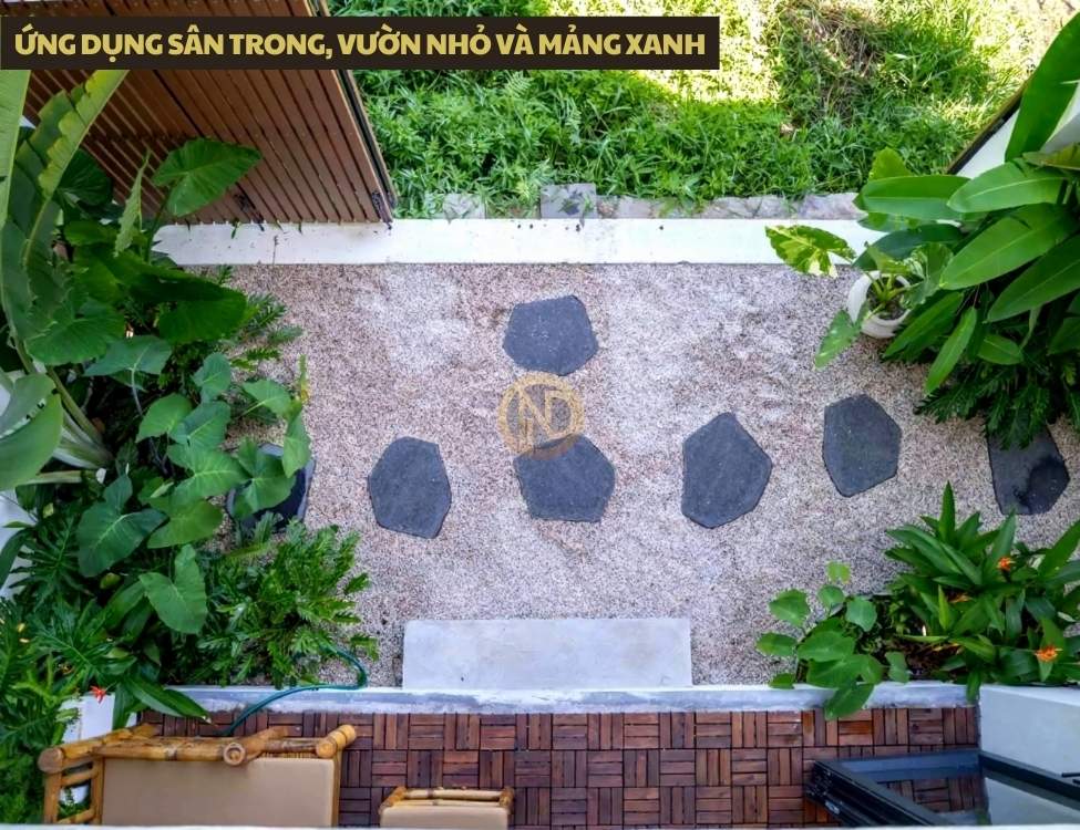 Ứng dụng sân trong, vườn nhỏ và mảng xanh để điều tiết ánh sáng, gió và vi khí hậu