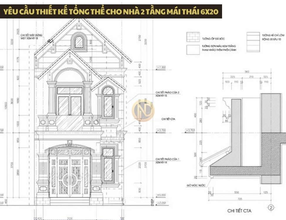 Yêu cầu thiết kế tổng thể cho nhà 2 tầng mái Thái 6x20