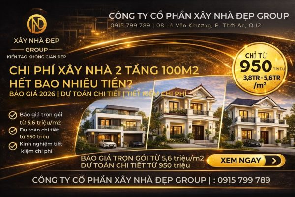 chi phí xây nhà 2 tầng 100m2 hết bao nhiêu tiền năm 2026 bảng giá chi tiết