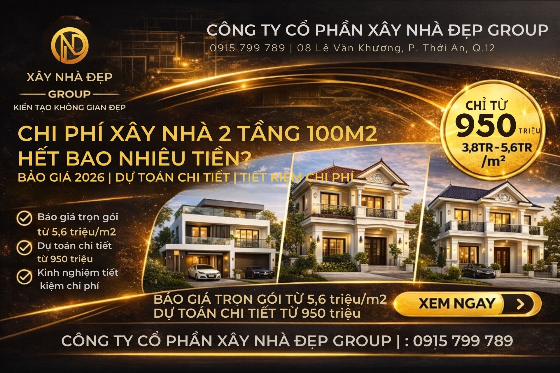 chi phí xây nhà 2 tầng 100m2 hết bao nhiêu tiền năm 2026 bảng giá chi tiết