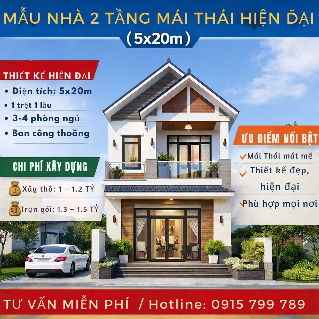 Mẫu nhà 2 tầng mái thái hiện đại 5x20m đẹp chi phí hợp lý 2026