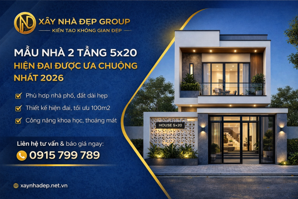 Mẫu nhà 2 tầng 5x20 hiện đại mái bằng đẹp 2026, thiết kế nhà phố tối ưu công năng