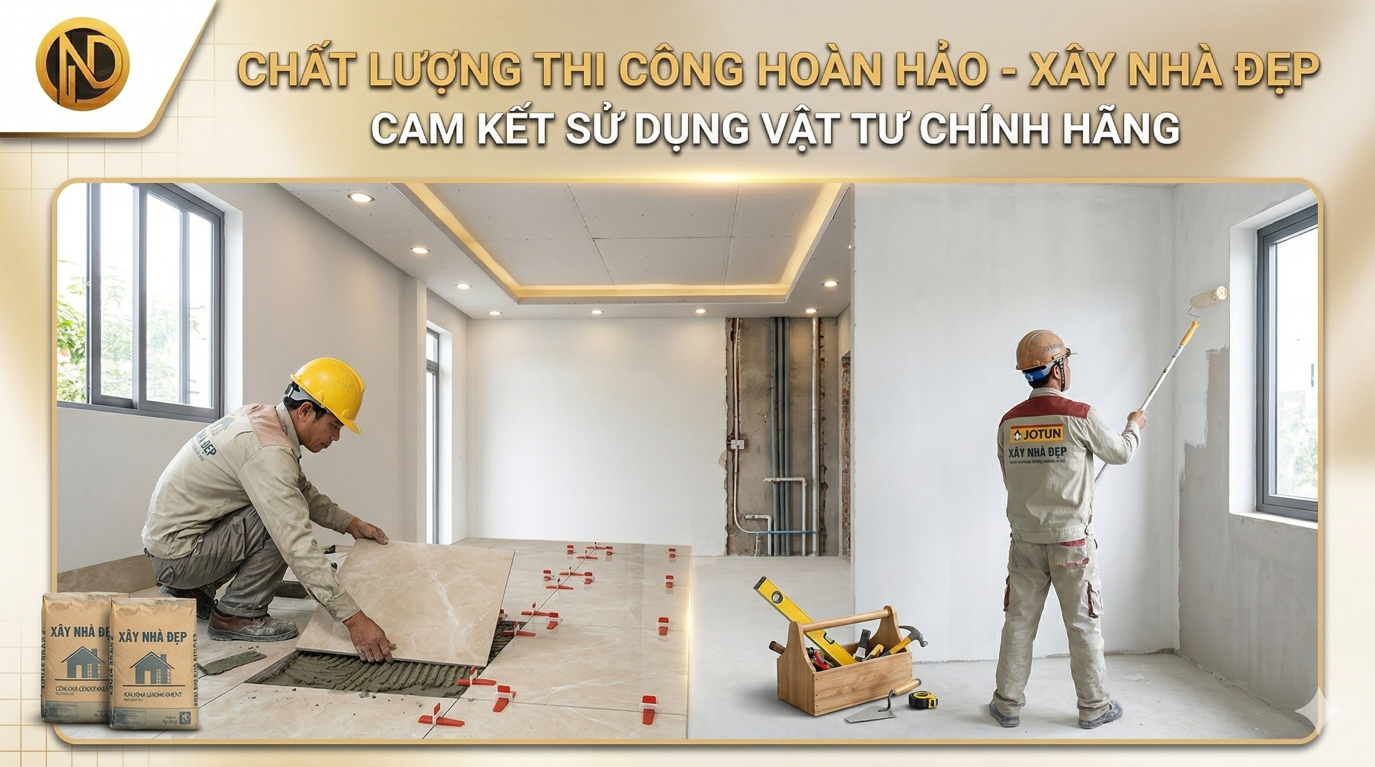 Thợ Xây Nhà Đẹp đang thi công lát gạch và sơn tường đảm bảo chất lượng trọn gói