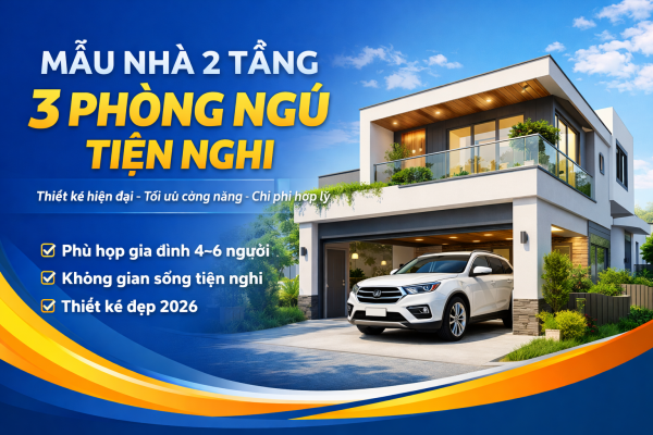 mẫu nhà 2 tầng 3 phòng ngủ tiện nghi hiện đại đẹp 2026