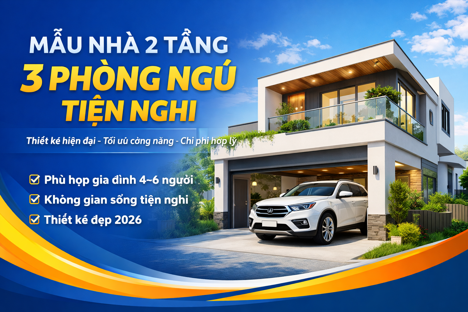 mẫu nhà 2 tầng 3 phòng ngủ tiện nghi hiện đại đẹp 2026