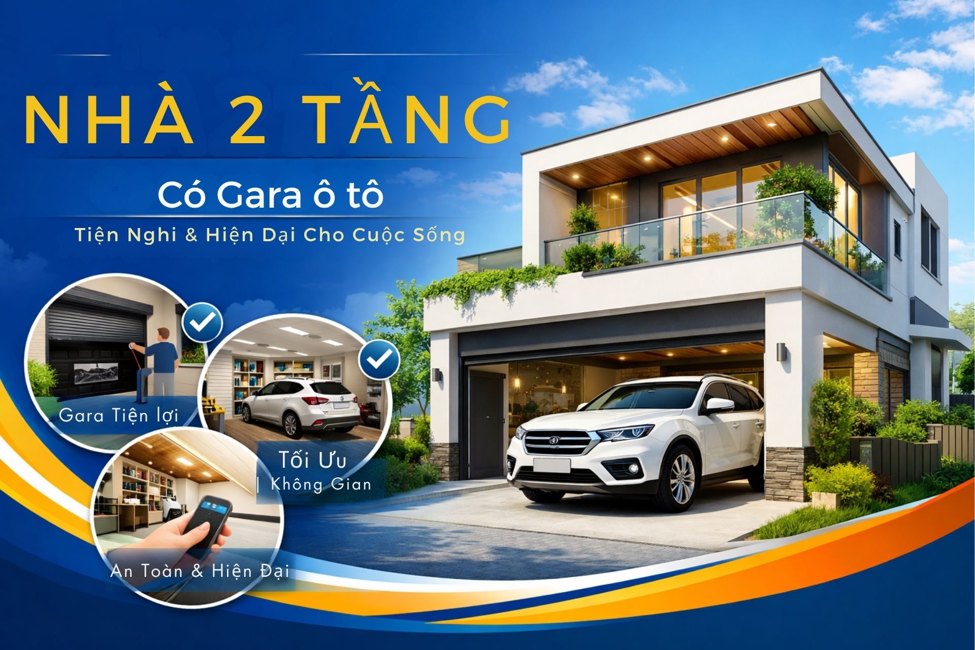 Thiết kế nhà 2 tầng có gara ô tô hiện đại, tiện nghi