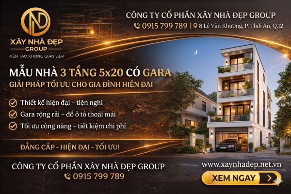 mẫu nhà 3 tầng 5x20 có gara
