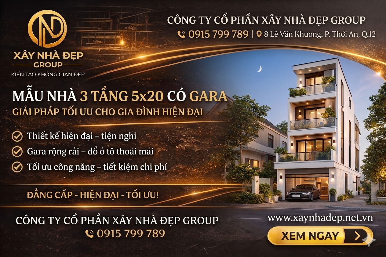 mẫu nhà 3 tầng 5x20 có gara