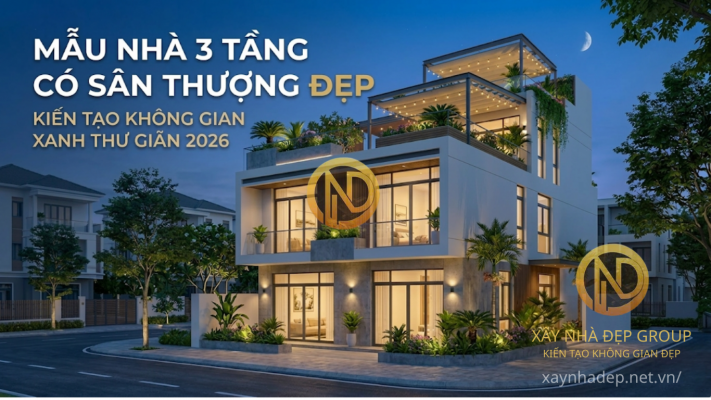 mẫu nhà 3 tầng có sân thượng đẹp hiện đại không gian xanh 2026