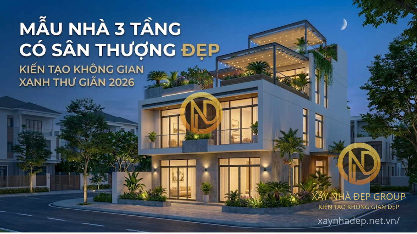 mẫu nhà 3 tầng có sân thượng đẹp hiện đại không gian xanh 2026