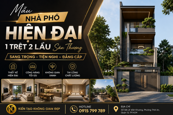 Mẫu nhà phố hiện đại 1 trệt 2 lầu sân thượng đẹp sang trọng với thiết kế mặt tiền tối giản kết hợp không gian xanh