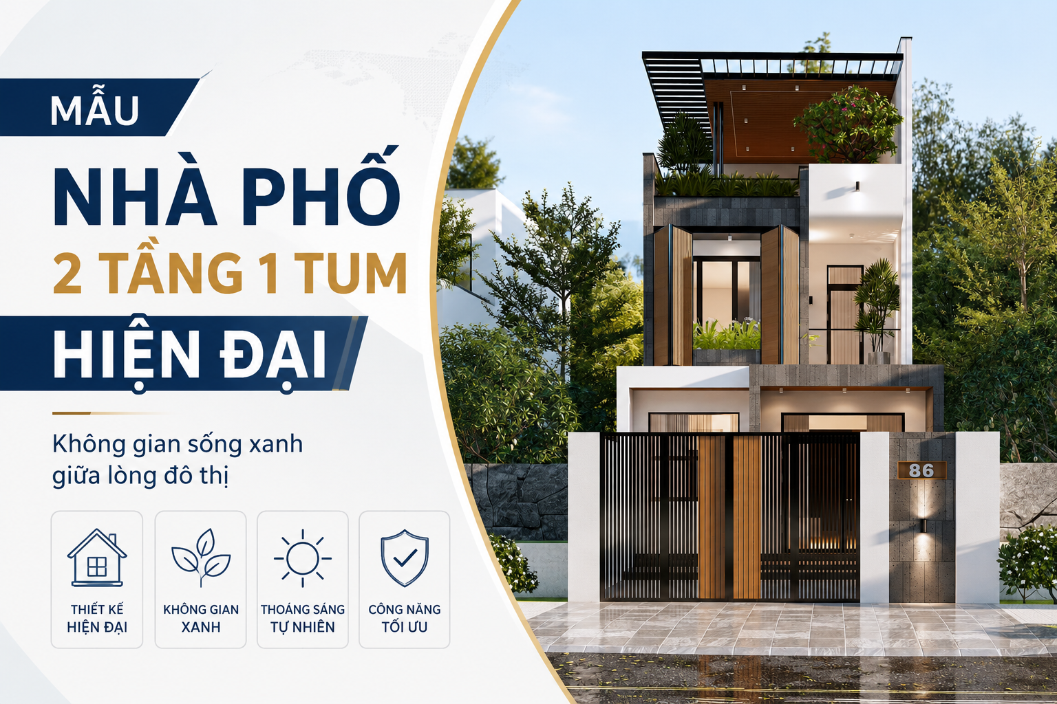 Mẫu nhà phố 2 tầng 1 tum hiện đại mặt tiền 5m đẹp sang trọng
