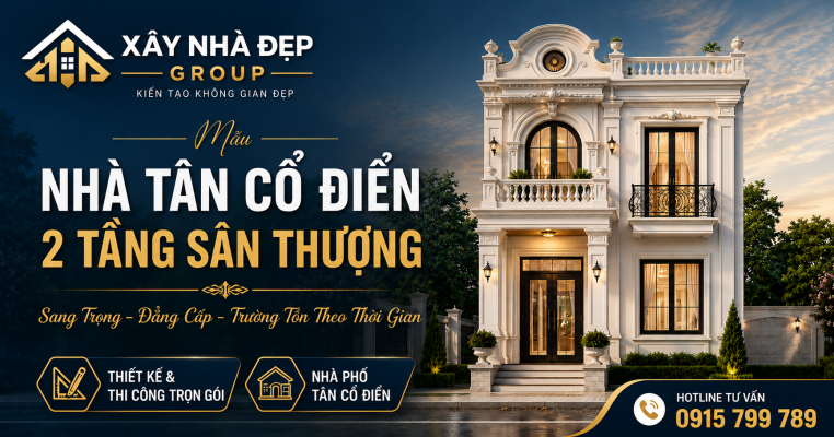 Mẫu nhà tân cổ điển 2 tầng sân thượng đẹp sang trọng