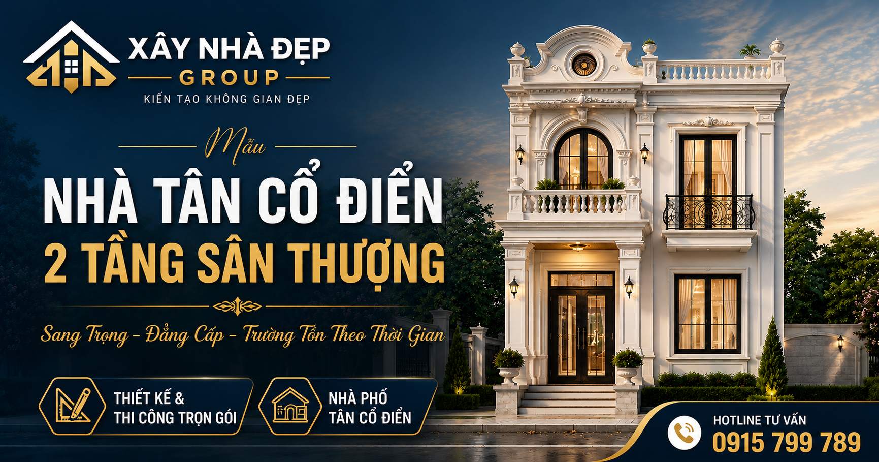Mẫu nhà tân cổ điển 2 tầng sân thượng đẹp sang trọng