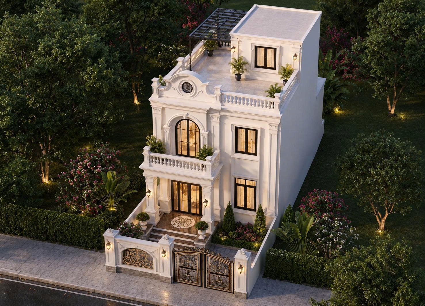 Mẫu nhà tân cổ điển 2 tầng sân thượng đẹp sang trọng do Xây Nhà Đẹp Group thiết kế và thi công