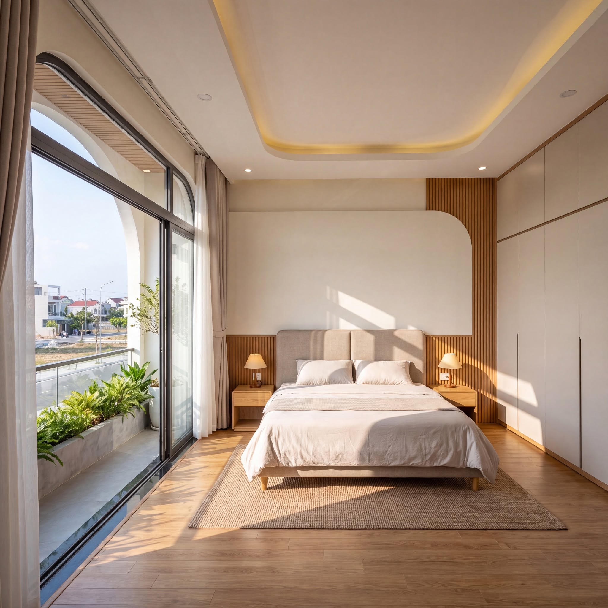 Phòng ngủ nhà phố 3 tầng có ban công và cửa kính lớn