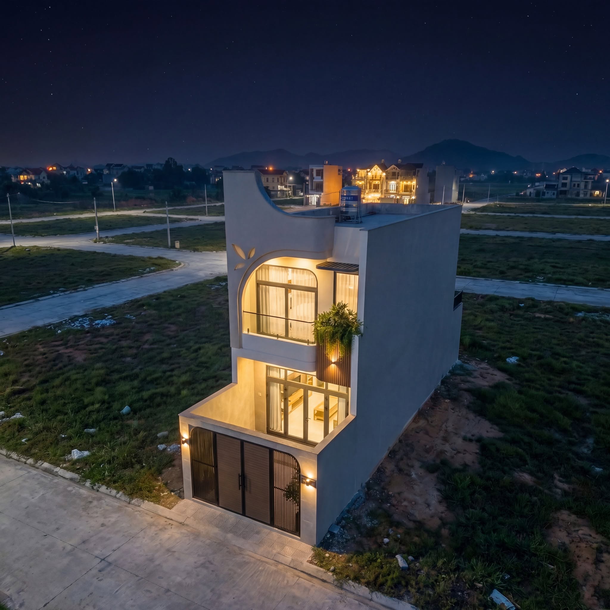 Mẫu Nhà Phố 1 Trệt 1 Lầu Hiện Đại Về Đêm
