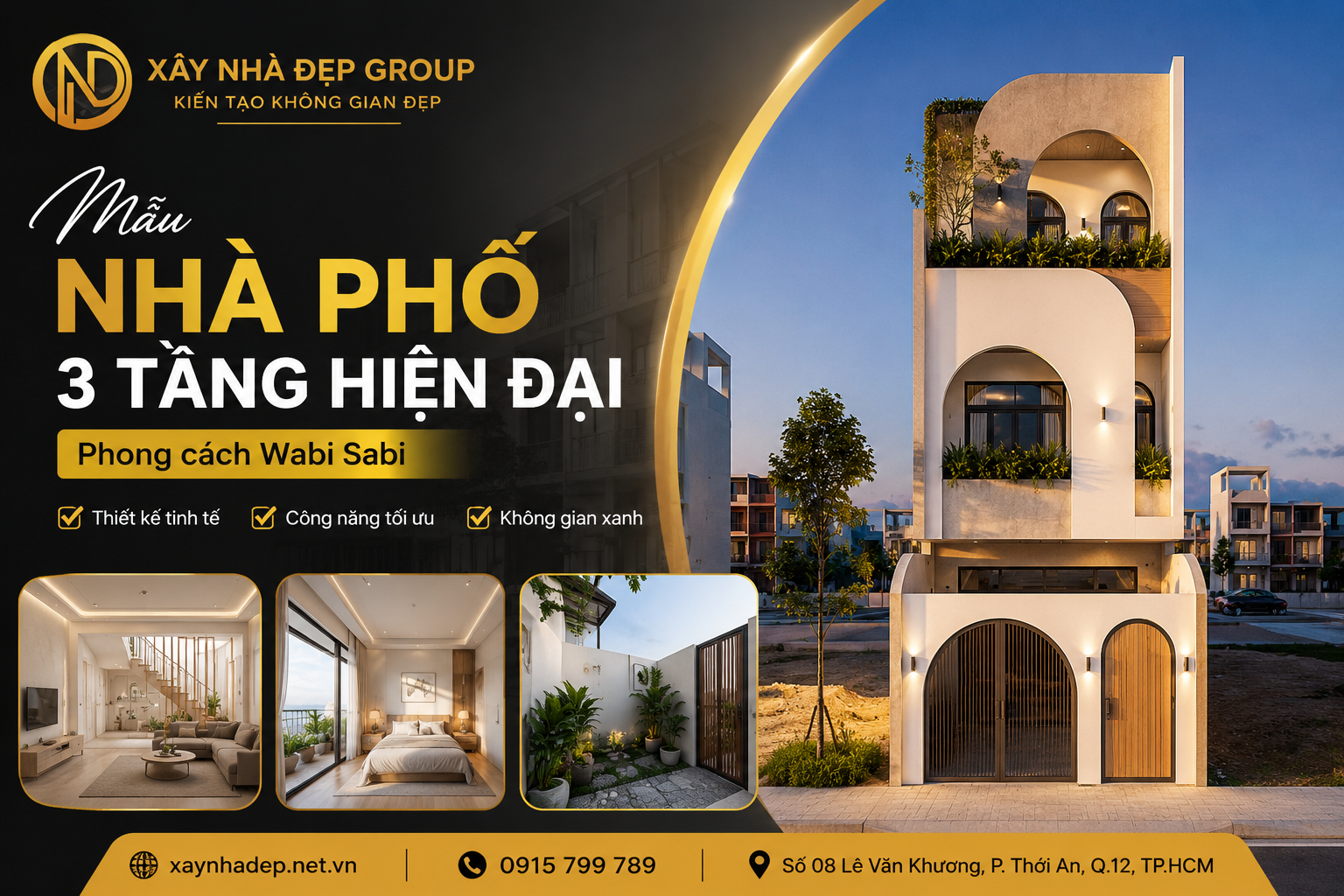 Mặt tiền mẫu nhà phố 3 tầng hiện đại phong cách Wabi Sabi.