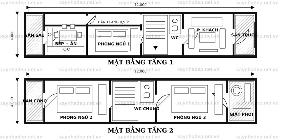 Mặt bằng nhà phố 2 tầng 4x12