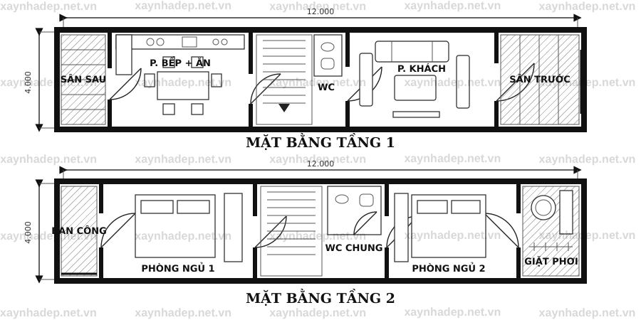 Mặt bằng nhà phố 2 tầng 4x12