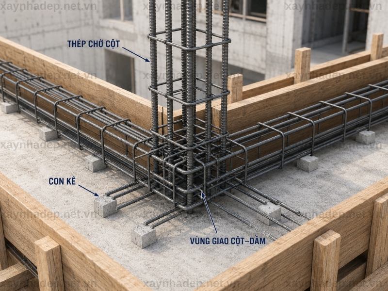 Lắp đặt cốt thép theo bản vẽ kết cấu