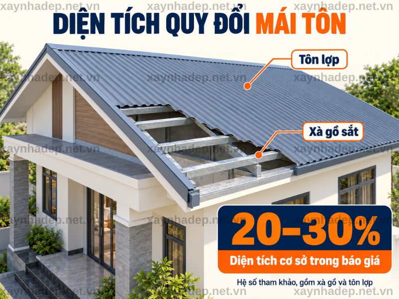Mái tôn gồm xà gồ và tôn lợp có mốc quy đổi 20–30%