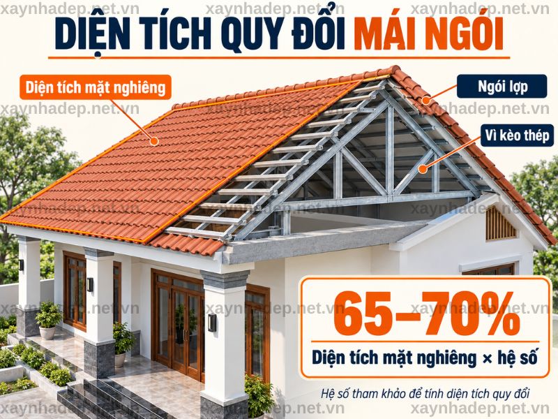 Mái ngói dùng vì kèo thép lấy diện tích mặt nghiêng nhân 65–70%