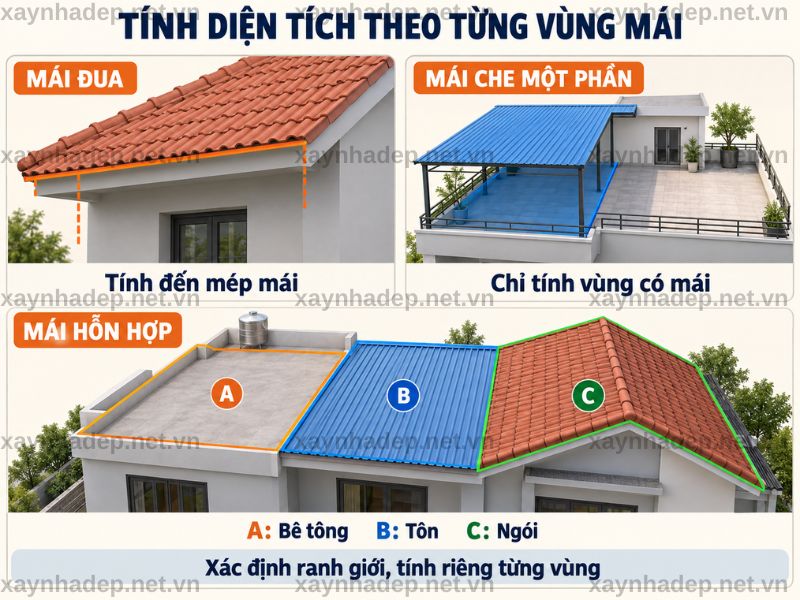 Mái đua, mái che một phần và mái hỗn hợp được tính theo từng vùng mái