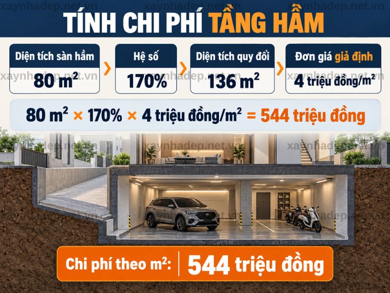 Chi phí xây dựng tầng hầm bằng diện tích quy đổi nhân đơn giá áp dụng