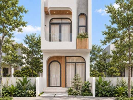 Mẫu nhà 2 tầng 4x16m hiện đại kết hợp gỗ và cửa vòm