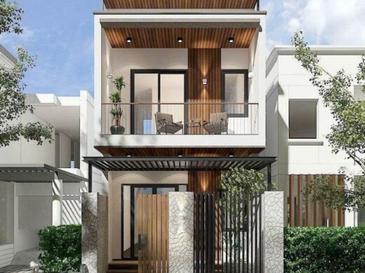 Mẫu nhà 2 tầng 5x16m hiện đại mặt tiền thoáng, kết hợp lam gỗ và ban công xanh