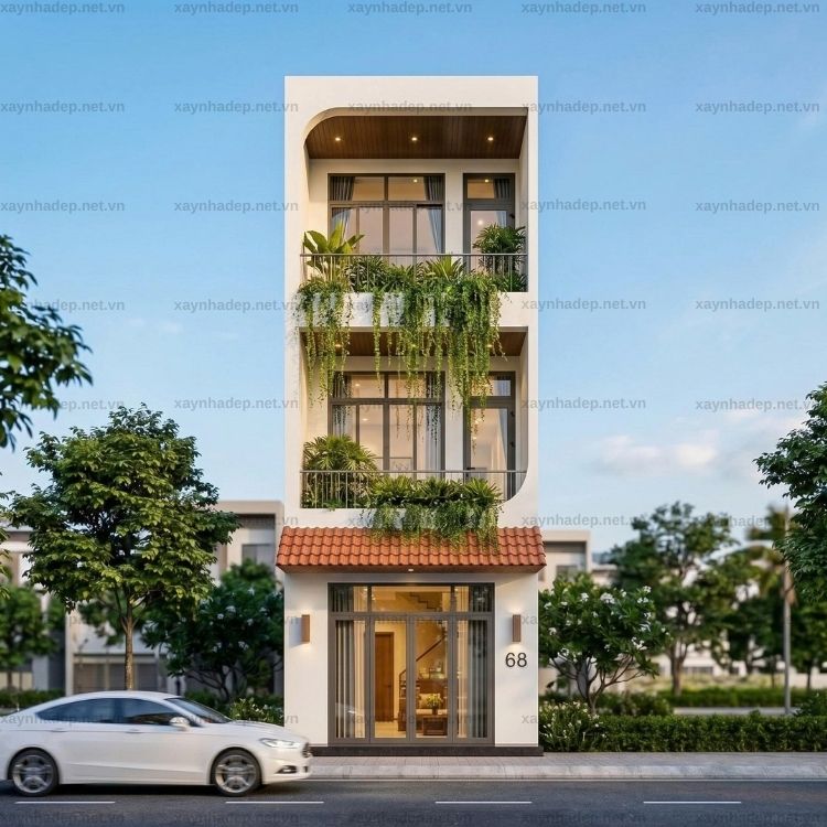 Mẫu nhà 3 tầng 4x14m hiện đại với ban công cây xanh