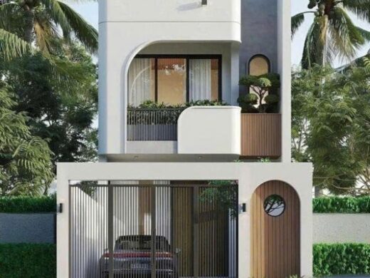 Mẫu nhà phố 2 tầng 5x16 có gara ô tô và ban công hiện đại