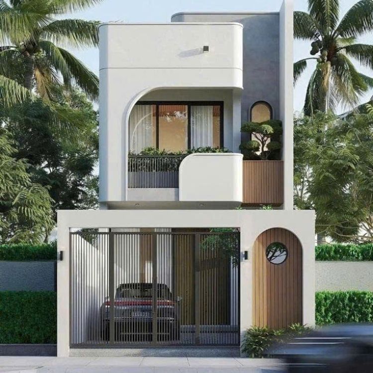 Mẫu nhà phố 2 tầng 5x16 có gara ô tô và ban công hiện đại