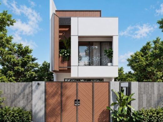 Mẫu nhà phố 2 tầng 5x17 hiện đại kết hợp lam gỗ