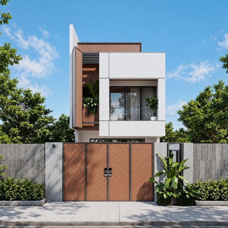 Mẫu nhà phố 2 tầng 5x17 hiện đại kết hợp lam gỗ