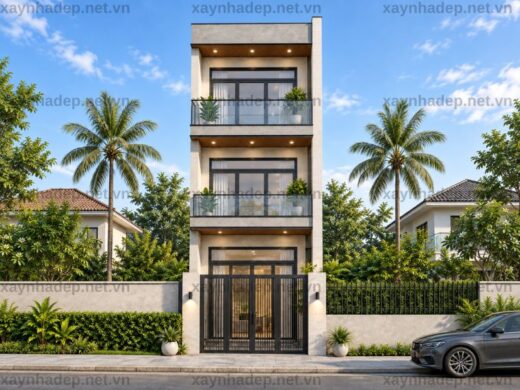 Mẫu nhà phố 3 tầng hiện đại 4x18m với hai ban công kính