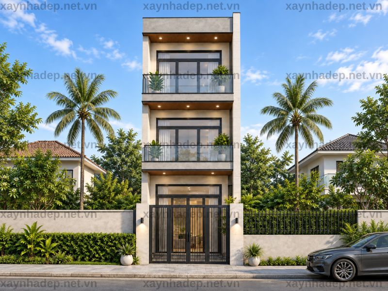 Mẫu nhà phố 3 tầng hiện đại 4x18m với hai ban công kính