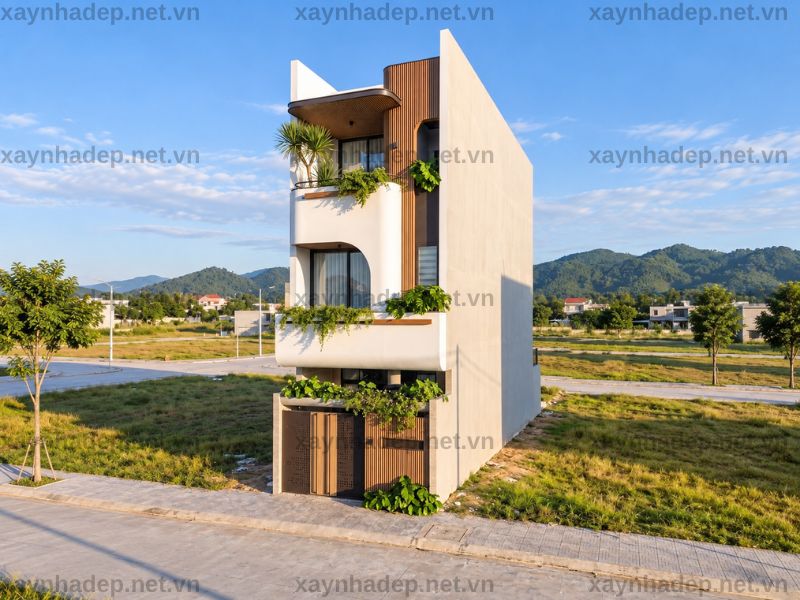Mẫu nhà phố 3 tầng mặt tiền 4m với ban công bo cong và lam gỗ