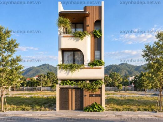Mẫu nhà phố 3 tầng mặt tiền 4m với ban công bo cong và lam gỗ