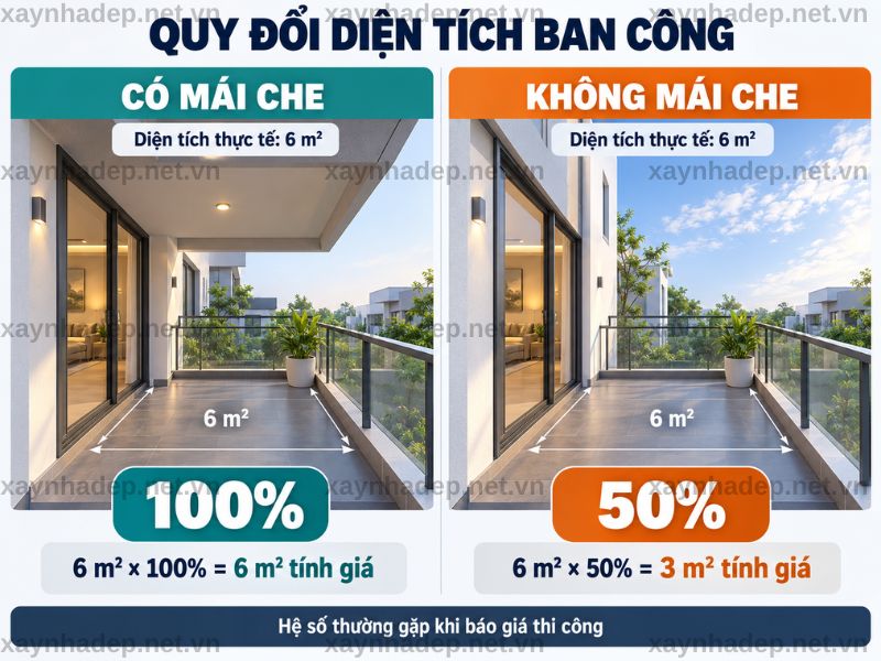 Ban công có mái che thường tính 100%, không mái che thường tính 50% khi báo giá thi công