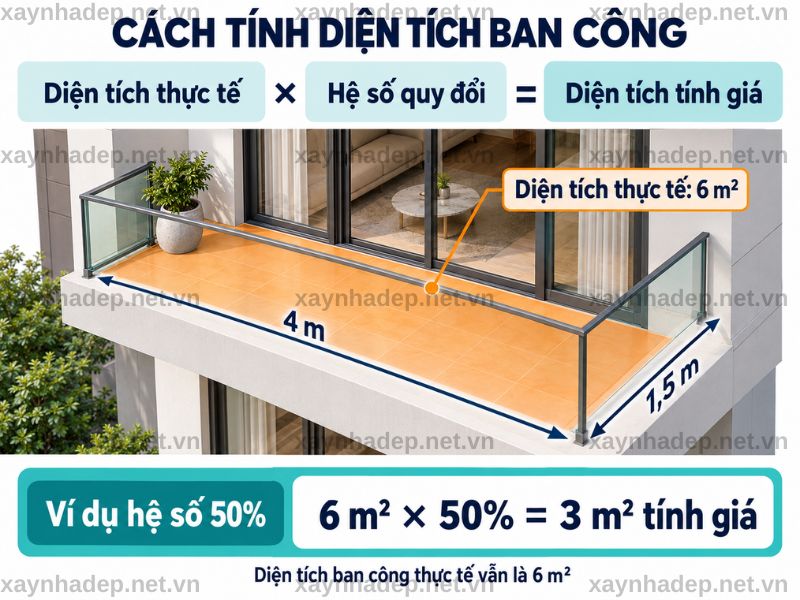 Diện tích ban công tính giá bằng diện tích thực tế nhân hệ số quy đổi
