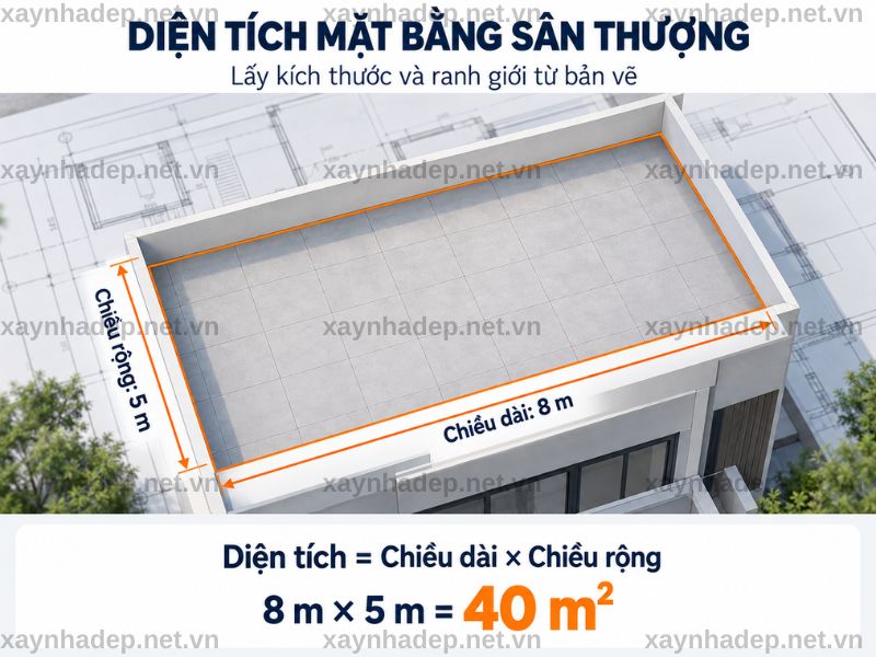 Diện tích mặt bằng sân thượng được lấy từ kích thước và ranh giới trên bản vẽ