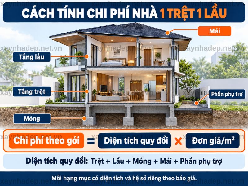 Cách tính diện tích và chi phí nhà 1 trệt 1 lầu