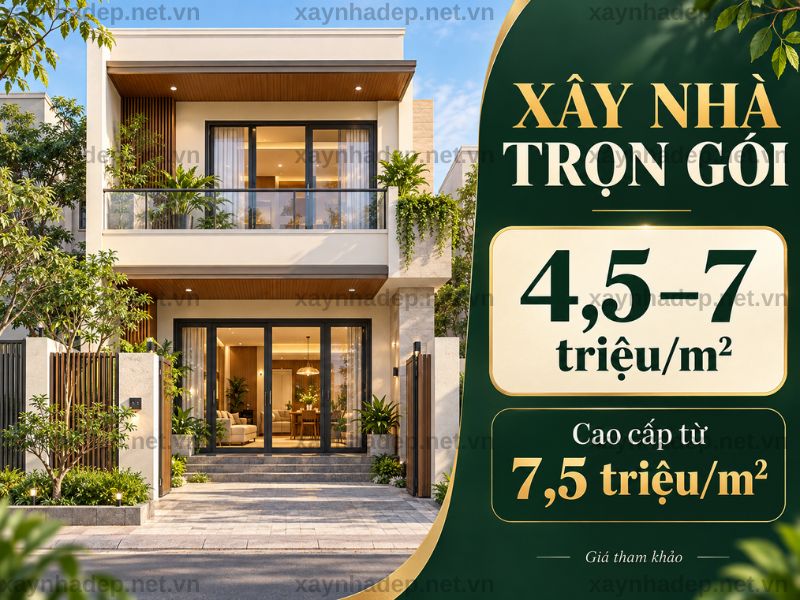 Xây trọn gói khoảng 4,5–7 triệu đồng/m², cao cấp từ 7,5 triệu đồng/m²
